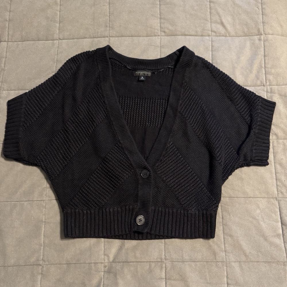Worthington Black Cropped V Neck Textured Cardigan Sweater Women's XL